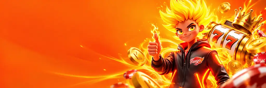 Banner da Fuego Casino com personagem de cabelo em chamas, caça-níquel com sete, coroa dourada e fichas